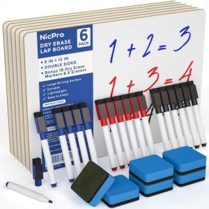imageNicpro 6 Pack Dry Erase Lap Board Kid Double Sided Small Whiteboard 9 x 12 inches with 18 Pens and 6 Erasers Learning Mini White Board Portable Bulk School Supplies for Student and Classroom Use6 PACK