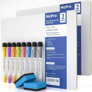 imageNicpro Dry Erase Lap Board 9 x 12 inches 2 Pack Ruled Kid Double Sided Blank ampamp Lined Small Lapboard with 8 Pens 2 Eraser Learning Mini Whiteboard Portable for Student and Classroom UseWhite