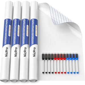 imageNicpro Dry Erase Whiteboard Sticker Wall Decal 177quot X 787quot65 ft SelfAdhesive White Board Peel Stick Paper to Do List with 3 Color WaterBased Pens for School Office Home Kids Drawing4 PACK