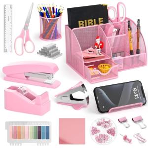 imageNicpro 12 PCS Pink Desk Organizer and Accessories Pink Office Supplies Set with Stapler Tape Dispenser Pen Holder Sticky Notes Index Tabs Binder Clips Set Ruler Scissors for Women Office Home