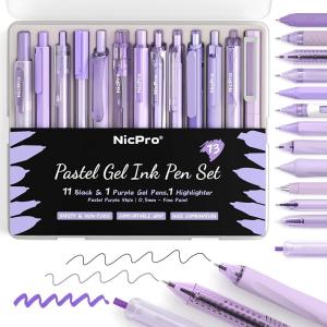 imageNicpro 13Pack Pastel Gel Ink Pen Set with Case Cute Retractable 05mm Fine Point Pen 12 Pink Pens Black Ink with 1 Highlighter Aesthetic Pens for Student Note TakingWritingOffice Supplies PinkPurple
