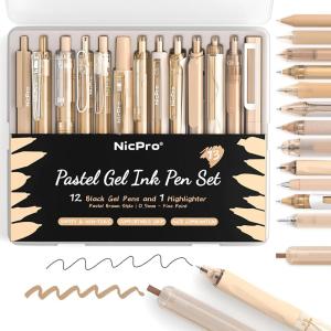 imageNicpro 13Pack Pastel Gel Ink Pen Set with Case Cute Retractable 05mm Fine Point Pen 12 Pink Pens Black Ink with 1 Highlighter Aesthetic Pens for Student Note TakingWritingOffice Supplies PinkBrown