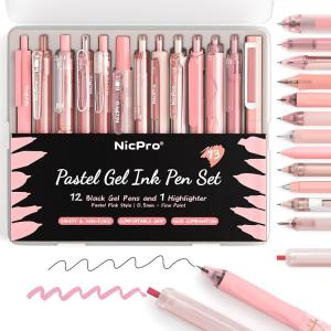 imageNicpro 13Pack Pastel Gel Ink Pen Set with Case Cute Retractable 05mm Fine Point Pen 12 Pink Pens Black Ink with 1 Highlighter Aesthetic Pens for Student Note TakingWritingOffice Supplies PinkPink