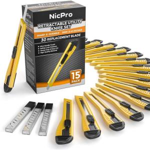 imageNicpro 15 PCS Utility Knife Box Cutters Retractable Razor Knife 9mm with 30 PCS Extra Snap Off Blades for Lightweight Office Home Arts Crafts Hobby9 mm