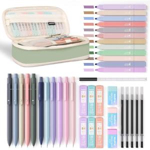 imageNicpro 50 PCS Aesthetic School Supplies with Pen Case 5 Quick Dry Retractable Black Ink Pens 12 Pastel Highlighters 6 Pastel Mechanical Pencil Set 05 ampamp 07 ampamp 09 ampamp 20 mm for Students Stationary39 PCS