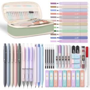 imageNicpro 50 PCS Aesthetic School Supplies with Pen Case 5 Quick Dry Retractable Black Ink Pens 12 Pastel Highlighters 6 Pastel Mechanical Pencil Set 05 ampamp 07 ampamp 09 ampamp 20 mm for Students Stationary50 PCS