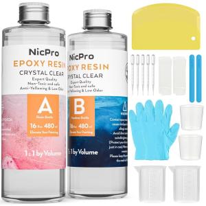imageNicpro 64OZ Crystal Clear Epoxy Resin Kit High Gloss ampamp Bubbles Free Resin Supplies for Coating and Casting Craft DIY Wood Table Top Bar Top Molds River Tables with Cups Sticks Gloves32 ounce