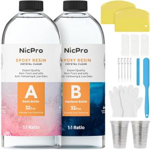 imageNicpro 64OZ Crystal Clear Epoxy Resin Kit High Gloss ampamp Bubbles Free Resin Supplies for Coating and Casting Craft DIY Wood Table Top Bar Top Molds River Tables with Cups Sticks Gloves64 Ounce
