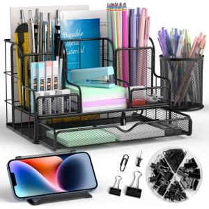 imageNicpro Desk Organzier and Accessories Black Mesh Desktop Organizer with Drawers Pen Holder Phone Holder 72 PCS Paper Clips Desk Caddy and Office Supply Organizer Set for Teacher Office Home