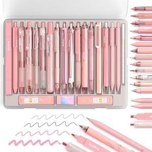 imageNicpro Pink Gel Pens Set 22 Pack 05mm Fine Point Smooth Writing Pen13 Quick Dry Black Ink Pen with Highlighter and Mechanical Pencil Cute Office School Supplies for Journaling Note Taking PinkPink