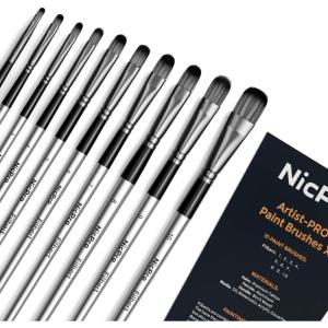 imageNicpro 10 PCS Watercolor Paint Brushes Round Tip Artist Painting Brush Set for Water Color Acrylic Oil Gouache Ink Detail Rock by Number Model Art PaintbrushFilbert