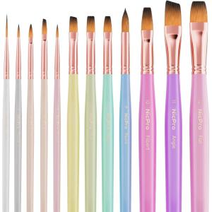 imageNicpro 12pcs Artist Paint Brush Set Pastel Painting Brushes Kit with Flat Round Filbert Angle and Detail Paintbrushes Nylon Bristles Paint Brushes for Acrylic Oil Watercolor Gouache Canvas FaceMacaron