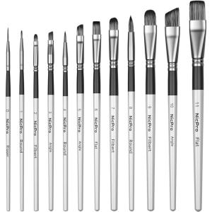 imageNicpro 12pcs Artist Paint Brush Set Pastel Painting Brushes Kit with Flat Round Filbert Angle and Detail Paintbrushes Nylon Bristles Paint Brushes for Acrylic Oil Watercolor Gouache Canvas FaceSilver