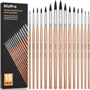 imageNicpro 15 PCS Round Watercolor Detail Paint Brushes Professional Soft Synthetic Squirrel Watercolor Brushes Artist Paint Brush Set for Water Color Painting Oil Model Gouache Ink