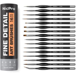 imageNicpro 16 PCS Small Detail Paint Brush Set Professional Miniature Painting Kit Fine Detail Brushes for Watercolor Oil Acrylic Craft Models Rock Painting Paint by Number Come with Holder ampamp BagBrown Silver