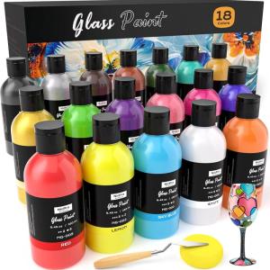 imageNicpro 18 Colors Acrylic Glass Paint Set 845 oz 250 ml Large Bulk Enamel Glass ampamp Ceramic Painting Supplies Kit for Wine Bottle Glass Jars Windows with Sponge ampamp Art Knife Opaque Gloss Finish