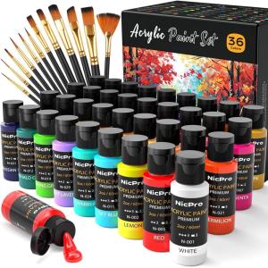 imageNicpro 24 Colors Acrylic Paint Set 2 oz 60 ml with 12 Brushes Non Toxic Art Supplies Kit for Rock Painting Multi Surface Canvas Clay Wood Fabric Craft Ceramic for Kid ampamp Adult Beginner36 Colors