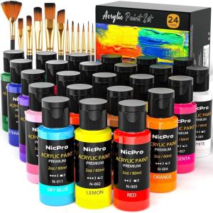 imageNicpro 24 Colors Acrylic Paint Set 2 oz 60 ml with 12 Brushes Non Toxic Art Supplies Kit for Rock Painting Multi Surface Canvas Clay Wood Fabric Craft Ceramic for Kid ampamp Adult Beginner24 Colors