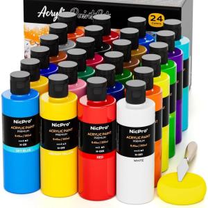 imageNicpro 24 Colors Large Bulk Acrylic Paint Set 845 oz250 ml Non Toxic Artist Painting Supplies for Multi Surface Canvas Wood Fabric Leather Rock Glass Paper Crafts Hobby with Color Wheel845 Fl Oz Pack of 24