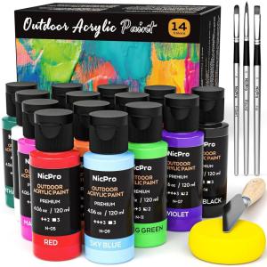 imageNicpro 32 Colors Outdoor Acrylic Paint Bulk with Brush and Sponge Knife NonToxic Paint for Multisurface Rock Wood Fabric Leather Crafts Canvas Shoes and Wall Painting14 Colors
