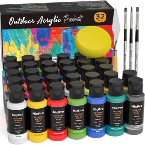 imageNicpro 32 Colors Outdoor Acrylic Paint Bulk with Brush and Sponge Knife NonToxic Paint for Multisurface Rock Wood Fabric Leather Crafts Canvas Shoes and Wall Painting32 Colors