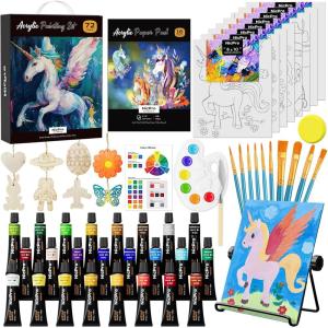 imageNicpro 34PCS Kids Painting Set with Pattern Canvas Art Painting Supplies Kit with 12 Acrylic Paints10 Brushes6 Canvas PanelsTable EaselPaper PadColor WheelPalette for Beginner Student Toddlers24 Colors