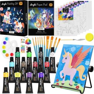 imageNicpro 34PCS Kids Painting Set with Pattern Canvas Art Painting Supplies Kit with 12 Acrylic Paints10 Brushes6 Canvas PanelsTable EaselPaper PadColor WheelPalette for Beginner Student Toddlers12 Colors