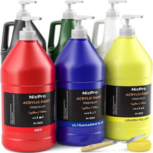 imageNicpro 6 Colors Large Bulk Acrylic Paint Set 128 oz 1 Gallon Rich Art Painting Supplies Non Toxic for Multi Surface Canvas Wood Leather Fabric Stone Craft for Kid ampamp Adult with Pump Color wheel128oz 6colors