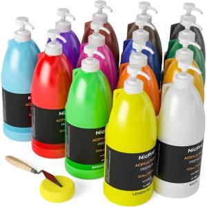 imageNicpro 6 Colors Large Bulk Acrylic Paint Set 128 oz 1 Gallon Rich Art Painting Supplies Non Toxic for Multi Surface Canvas Wood Leather Fabric Stone Craft for Kid ampamp Adult with Pump Color wheel338oz 14colors