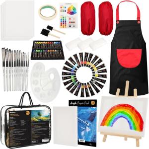 imageNicpro 60 PCS Art Paint Set for Kids Complete Acrylic Painting Supplies Kit for Boy ampamp Girls with 24 Acrylic Paint 12 Brushes 6 Canvas 12 Papers Easel Mixing Knives Smock Sponge Palette Bag