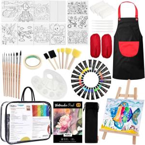 imageNicpro 60 PCS Art Paint Set for Kids ampamp Adult Washable Watercolor Sip Painting Supplies Kit for Beginner with 24 Tube Water Color Paint 8 Brushes12 Canvas Smock 25 Papers Easel Sponge Palette Bag