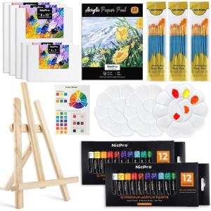 imageNicpro 65PCS Acrylic Paint Canvas Set Kids ampamp Adults Art Painting Supplies Kit with 2 Set of Acrylic Paint 12 Colors 30 Paint Brushes5 CanvasWood Easel3 PaletteA5 Paper Pad for Beginner Artists