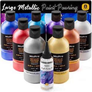 imageNicpro 8 Colors 845oz Metallic Acrylic Pour Paint Supplies Kit Large Volume Ready to Pour Premixed High Flow Pouring Paint Set with Silicone Pouring Oil Gloves Instructions for Beginner DIY8 Colors