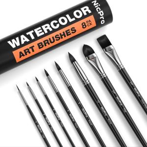 imageNicpro 8 PCS Professional Watercolor Paint Brushes Set Artist Synthetic Fine Squirrel Brush Round Tip for Detail Gouache AcrylicOil Painting