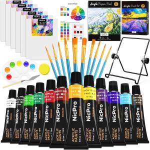imageNicpro Acrylic Paint Canvas Set for Adult ampamp Kid 34PCS Art Painting Supplies Kit12 Colors Acrylic PaintTable Easel6 Canvas Panels10 BrushesPaper PadSpongeColor WheelPalette for Artist Beginner