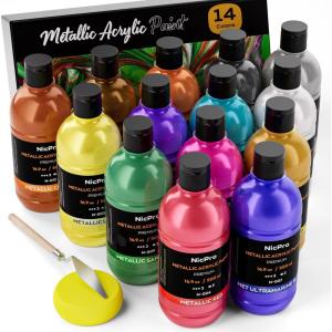 imageNicpro Metallic Acrylic Paint Set 169 oz 500 ml 14 Colors Large Acrylic Paint Bulk Non Toxic Art Painting Supplies for Multi Surface Canvas Rock Wood Leather Stone Metal Craft with Color Wheel14 Metallic Colors