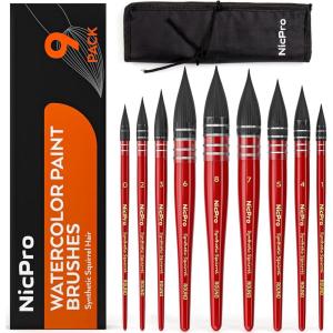 imageNicpro Professional Watercolor Paint Brushes with Nylon Bag 9 PCS Mop Paintbrush Round Synthetic Squirrel Hair Bulk Paint Brushes for Watercolor Painting Gouache Acrylic Oil Wood ColorRed