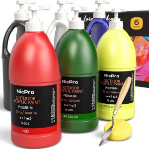 imageNicpro White Large Outdoor Acrylic Paint Set 69 oz 2040 ml Rich Art Painting Supplies Non Toxic Multi Surface Paint for Canvas Wood Leather Fabric Stone Craft for Kid ampamp Adult with Pump6 Colors