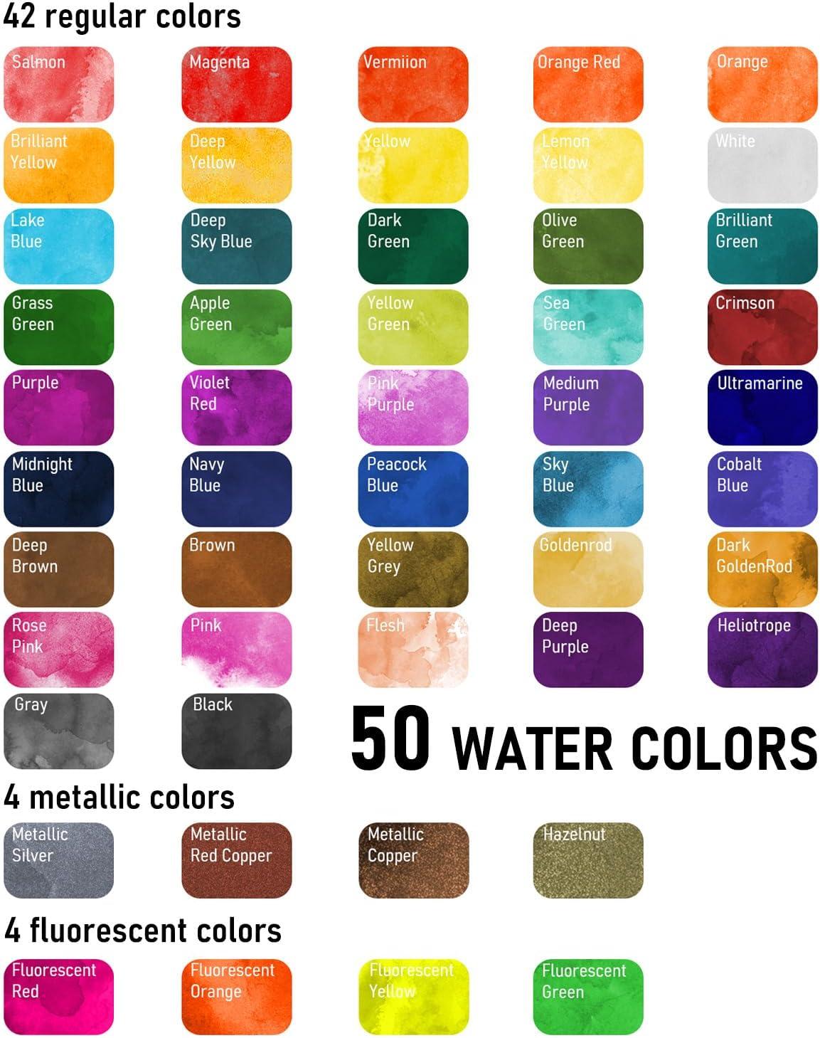 imageNicpro 50 Colors Watercolor Paint Set Including Metallic ampamp Fluorescent Color 8PCS Pastel Detail Painting Brush Water Color Paper Palette Art Supplies Kit for Artist Adult Beginner with Gift BoxSet 2