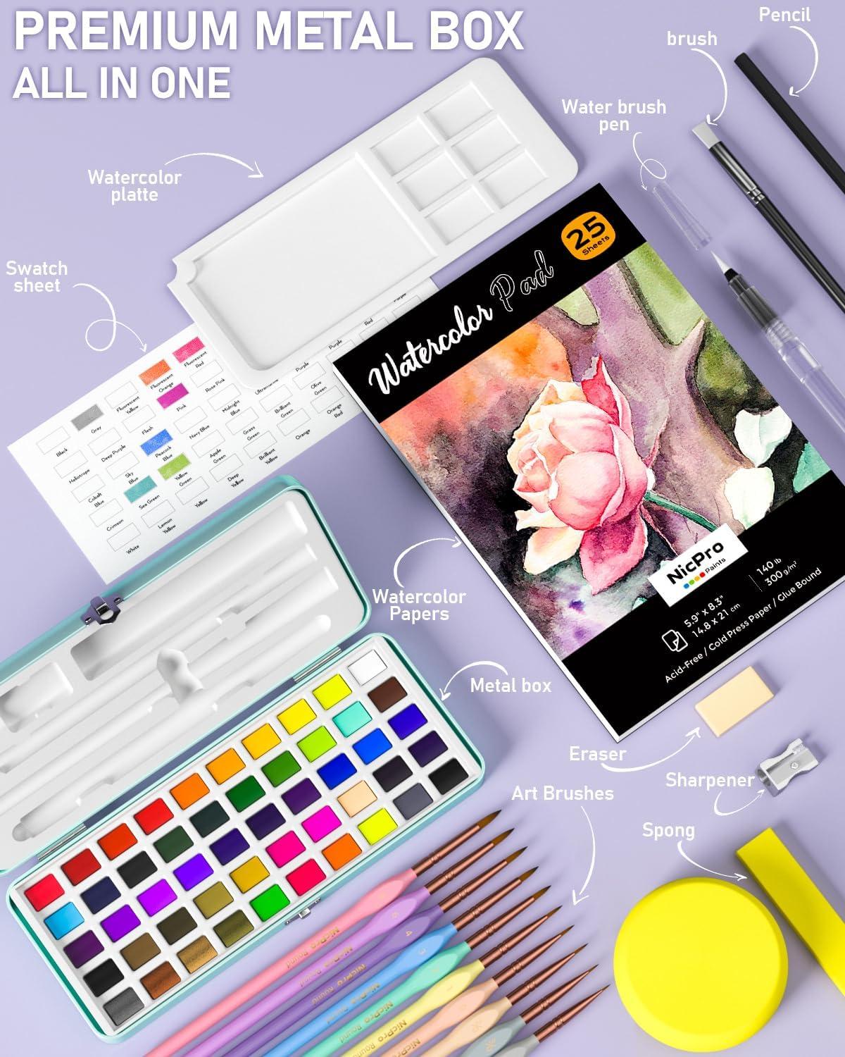 imageNicpro 50 Colors Watercolor Paint Set Including Metallic ampamp Fluorescent Color 8PCS Pastel Detail Painting Brush Water Color Paper Palette Art Supplies Kit for Artist Adult Beginner with Gift BoxSet 1