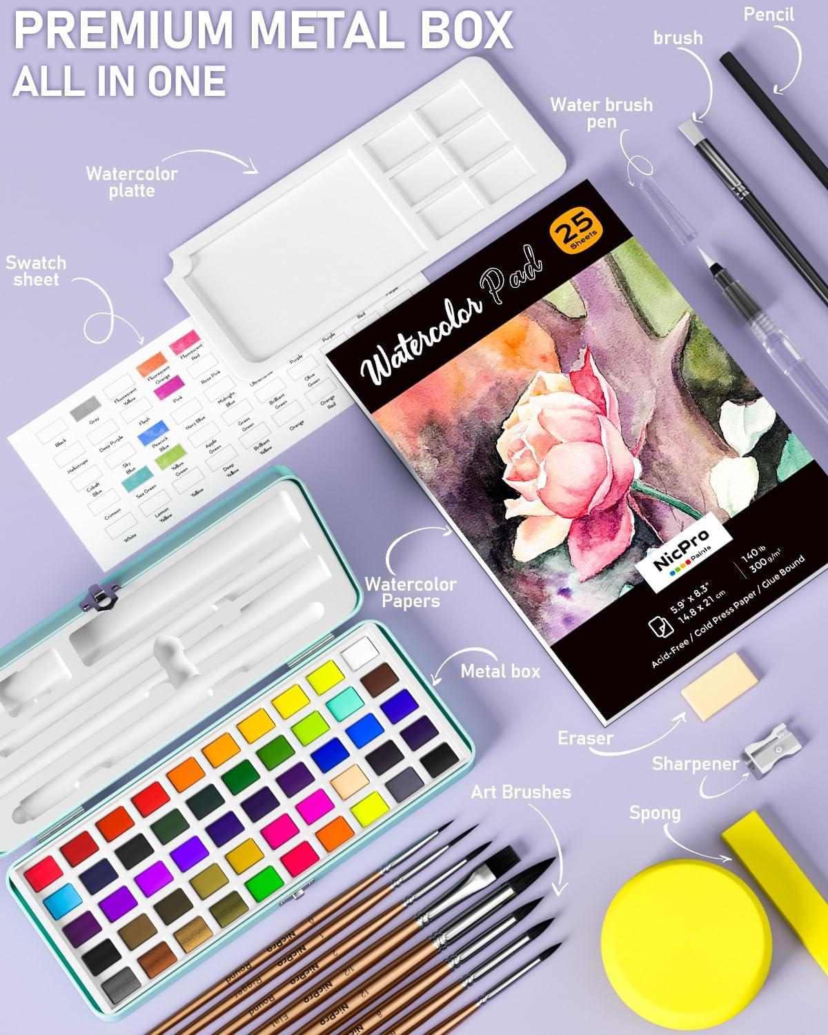 imageNicpro 50 Colors Watercolor Paint Set Including Metallic ampamp Fluorescent Color 8PCS Pastel Detail Painting Brush Water Color Paper Palette Art Supplies Kit for Artist Adult Beginner with Gift BoxSet 2