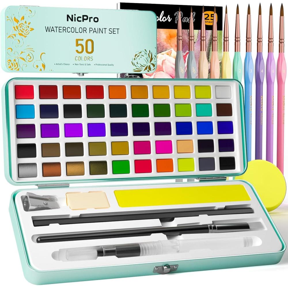 imageNicpro 50 Colors Watercolor Paint Set Including Metallic ampamp Fluorescent Color 8PCS Pastel Detail Painting Brush Water Color Paper Palette Art Supplies Kit for Artist Adult Beginner with Gift BoxSet 1