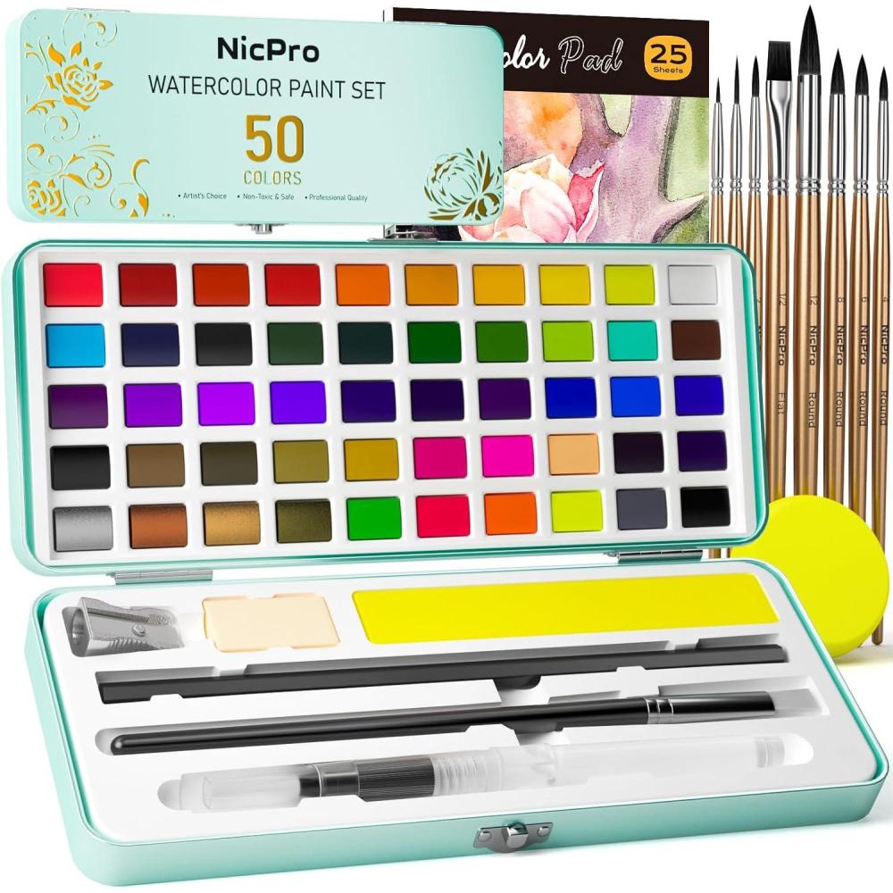 imageNicpro 50 Colors Watercolor Paint Set Including Metallic ampamp Fluorescent Color 8PCS Pastel Detail Painting Brush Water Color Paper Palette Art Supplies Kit for Artist Adult Beginner with Gift BoxSet 2
