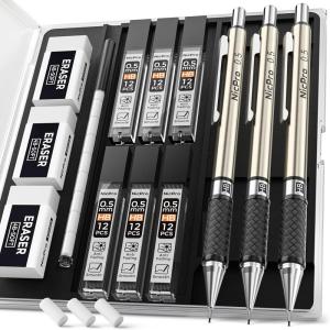 imageNicpro 05 mm Art Mechanical Pencils Set in Gift Case 6 PCS Metal Drafting Pencil 05mm with 6 Tube HB Lead Refills ampamp 18 PCS Eraser Refills for Adults Children Artist Writing Drawing Sketching05mm