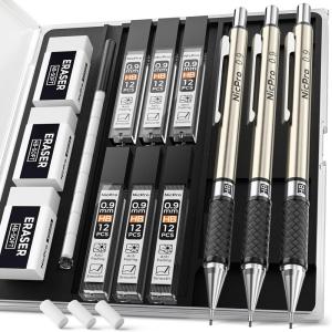 imageNicpro 05 mm Art Mechanical Pencils Set in Gift Case 6 PCS Metal Drafting Pencil 05mm with 6 Tube HB Lead Refills ampamp 18 PCS Eraser Refills for Adults Children Artist Writing Drawing Sketching09mm