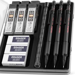 imageNicpro 09 Metal Mechanical Pencil Set with Case 3PCS Hevey Duty MP2000 Lead Pencil With 6 Tube HB Lead Refills 09mm Erasers Weatherproof Barrel for Outdoor Writing Drafting Drawing Sketching05mm