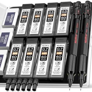 imageNicpro 09 Metal Mechanical Pencil Set with Case 3PCS Hevey Duty MP2000 Lead Pencil With 6 Tube HB Lead Refills 09mm Erasers Weatherproof Barrel for Outdoor Writing Drafting Drawing Sketching05mm  07mm