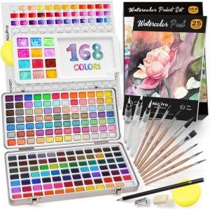 imageNicpro 100 Colors Watercolor Paint Set include Metallic Macaron ampamp Fluorescent 8 Synthetic Squirrel Painting Brushes 25 Water Color Paper Palette Art Supplies Kit for Artist Adult Kid Beginner with Gift Box168 Colors Watercolor Set