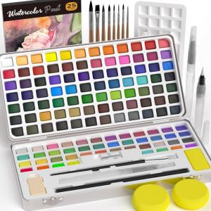 imageNicpro 100 Colors Watercolor Paint Set include Metallic Macaron ampamp Fluorescent 8 Synthetic Squirrel Painting Brushes 25 Water Color Paper Palette Art Supplies Kit for Artist Adult Kid Beginner with Gift Box128 Colors Watercolor Set