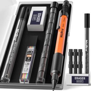 imageNicpro 13 mm Mechanical Pencils Set with Lead Refill Black ampamp Colors Eraser  Orange Weatherproof Metal Heavy Duty Carpenter Pencil for Outdoor Marking Drafting Drawing Sketching Woodworking in CaseOrange